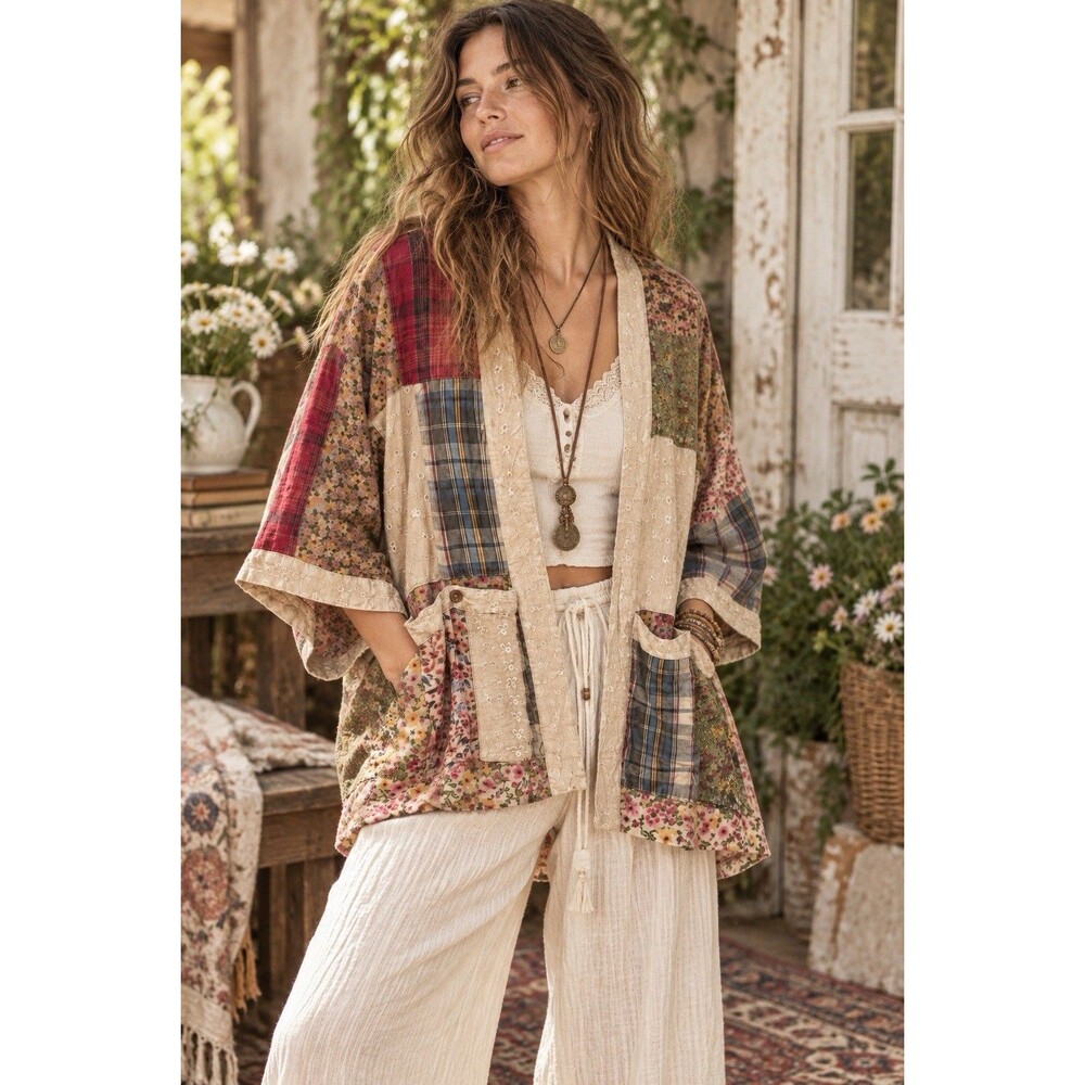 Young Threads XL Patchwork Kimono Jacket Boho Floral Plaid Cottagecore XL
